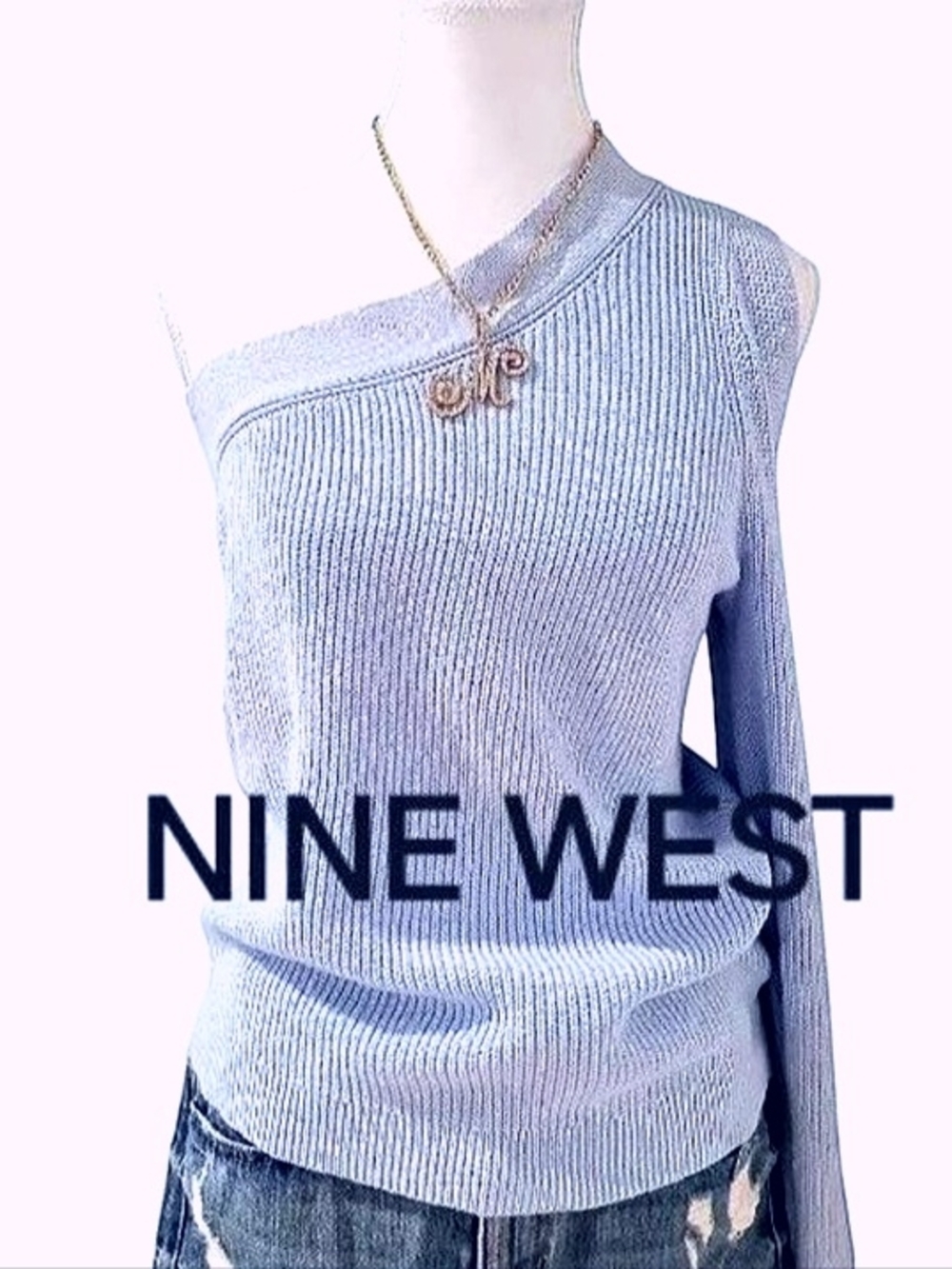 Nine West Light Blue Off The Shoulder One Shoulder Cutout Sweater Spring Fashion